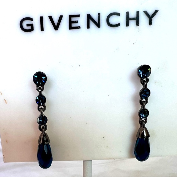 GIVENCHY Blue Crystal Dangling Earrings New on Card Gunmetal Setting - Picture 1 of 10